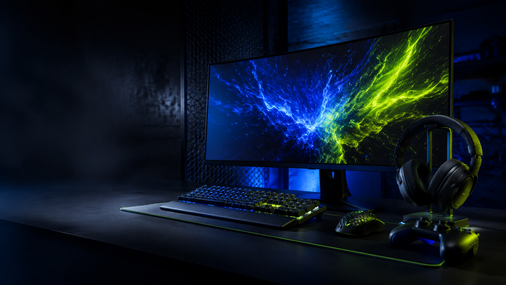 Modern gaming desk with keyboard, mouse, headset, controller and ultrawide monitor
